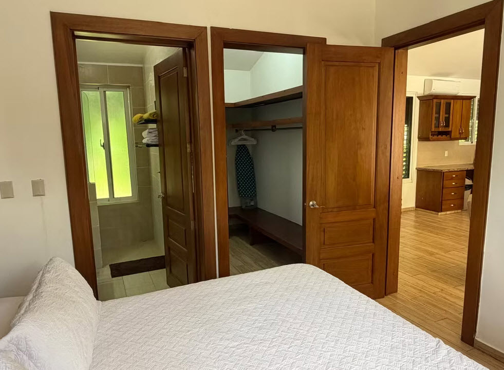 Bedroom with view of open closet, bathroom, and kitchen