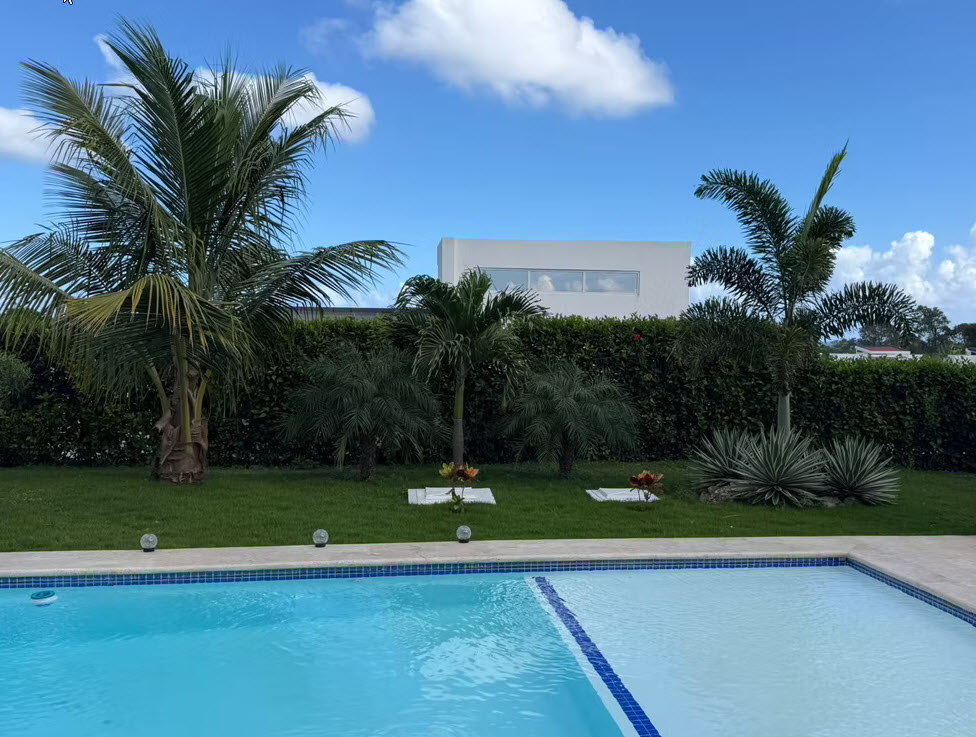 Tropical backyard with swimming pool, palm trees, and modern white house