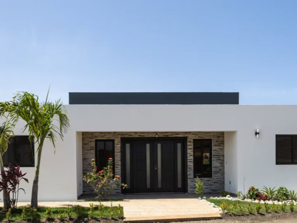 Modern white house with double doors and tropical landscaping