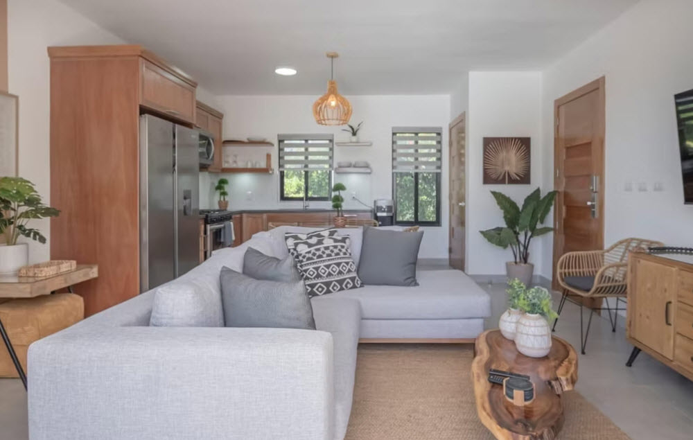 Modern living room and kitchen with light gray sofa and wooden accents
