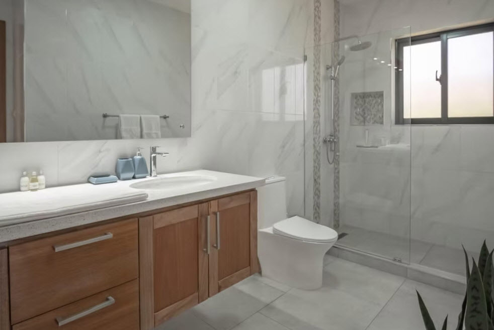 Modern white marble bathroom with wooden vanity and glass shower
