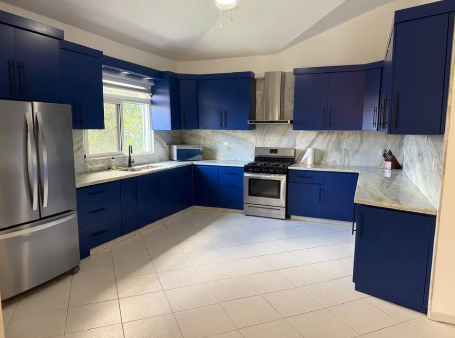 Modern blue kitchen with stainless steel appliances and marble countertops.