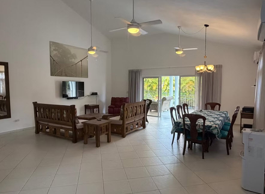 Spacious living and dining area with wooden furniture and tropical view