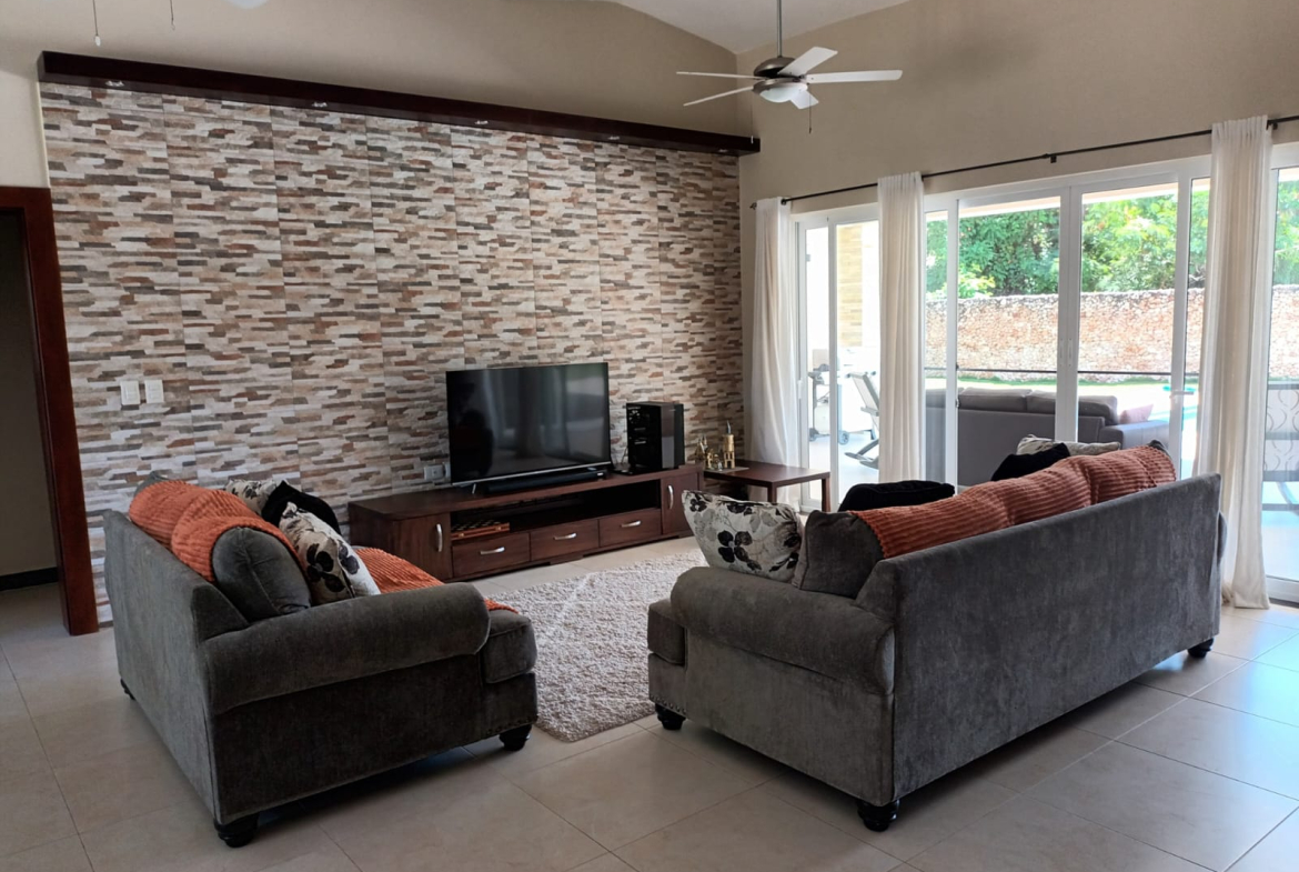 Modern living room with two sofas, TV, and accent wall