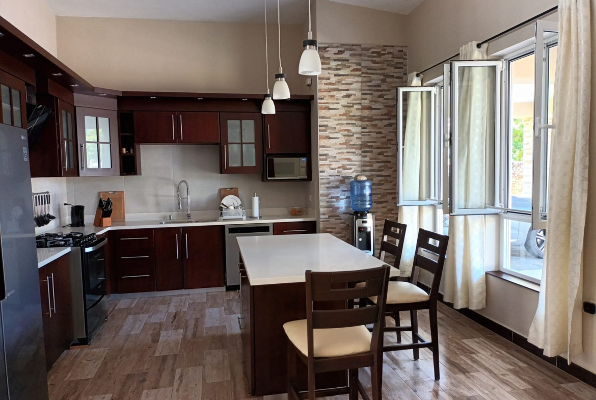 Modern kitchen with dark wood cabinets, island, and large windows