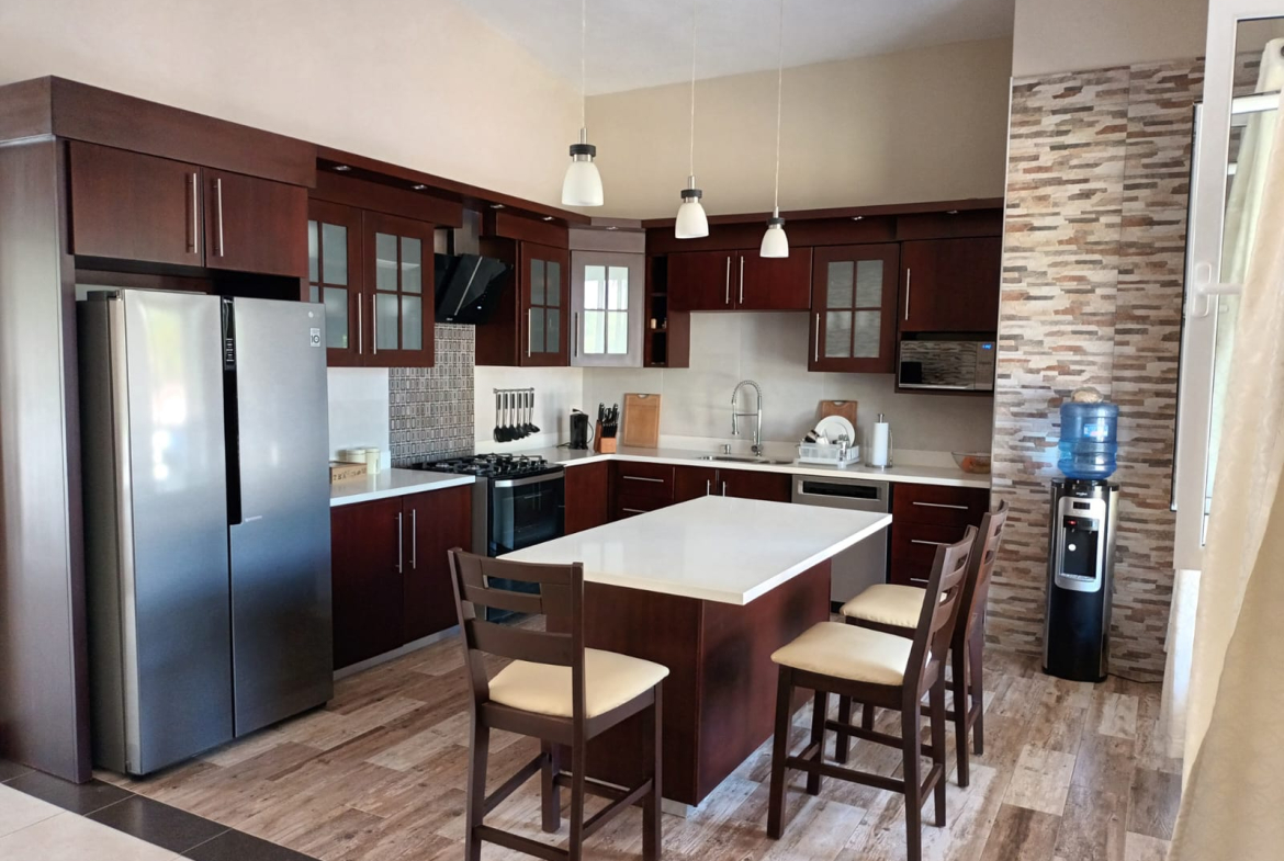 Modern kitchen with dark wood cabinets, island, and stainless steel appliances.