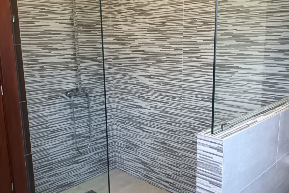 Modern walk-in shower with glass enclosure and striped tile