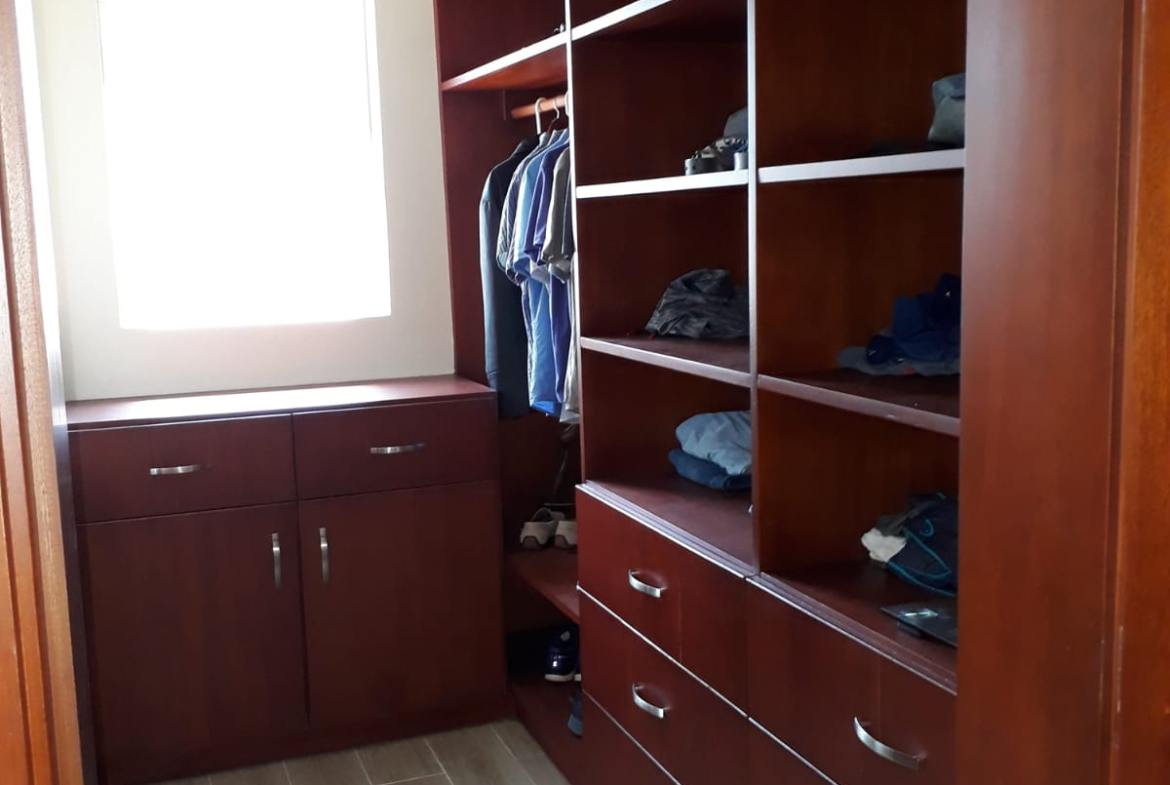 Spacious walk-in closet with dark wood shelving and drawers, organized clothing and shoes.