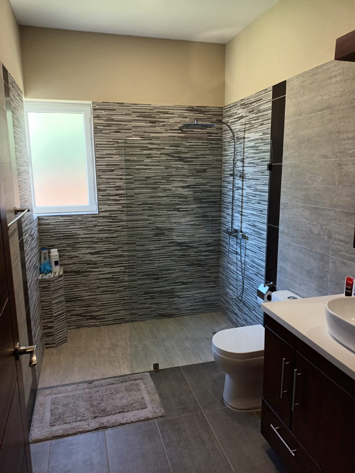 Modern bathroom with tiled shower, vanity, and toilet