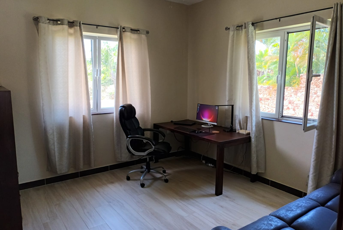 Home office with desk, computer, and ergonomic chair near window