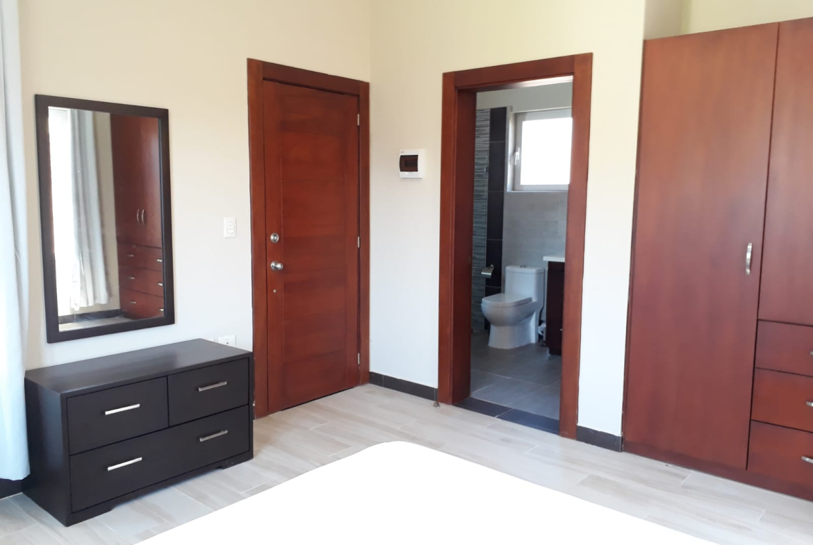 Bedroom with dark dresser, mirror, wooden doors, and ensuite bathroom view.