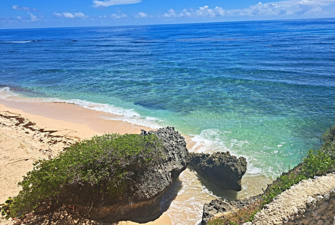 Crystal clear turquoise ocean water meets a sandy beach with rocky outcrops and lush green foliage.