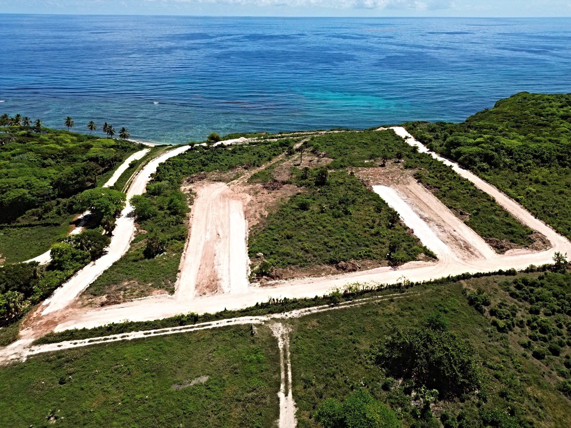 Aerial view of coastal land development with roads and cleared plots by the ocean.