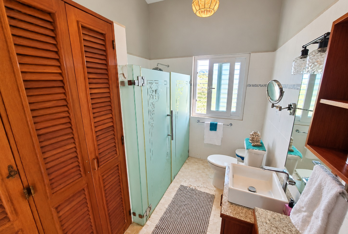 Bright, spacious bathroom with wood cabinets, teal shower doors, and sink