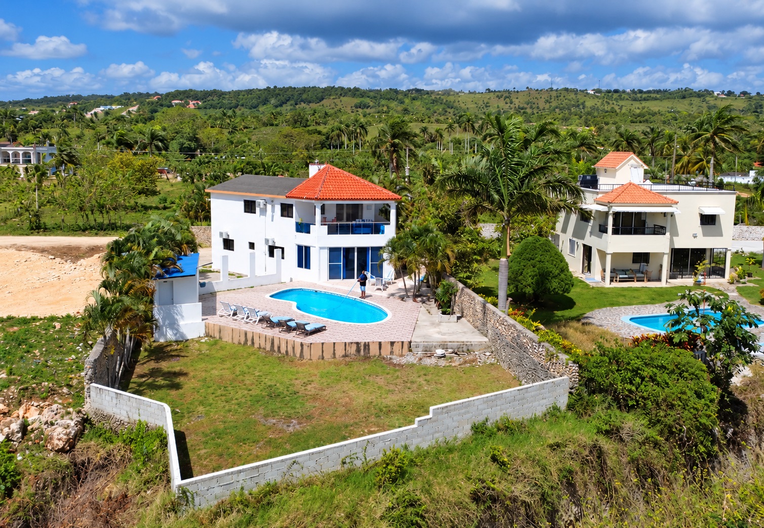 Luxury villa with pool, palm trees, and lush green landscape